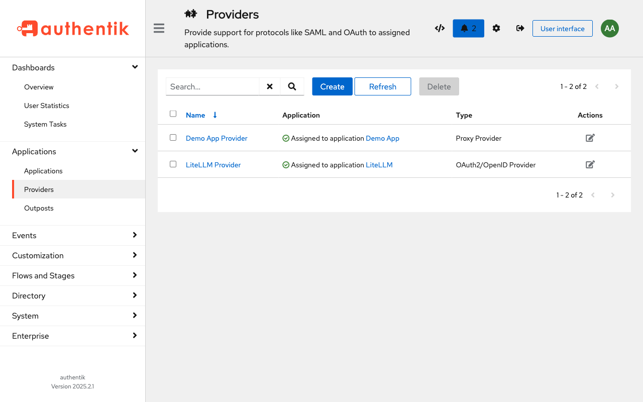 Authentik providers list