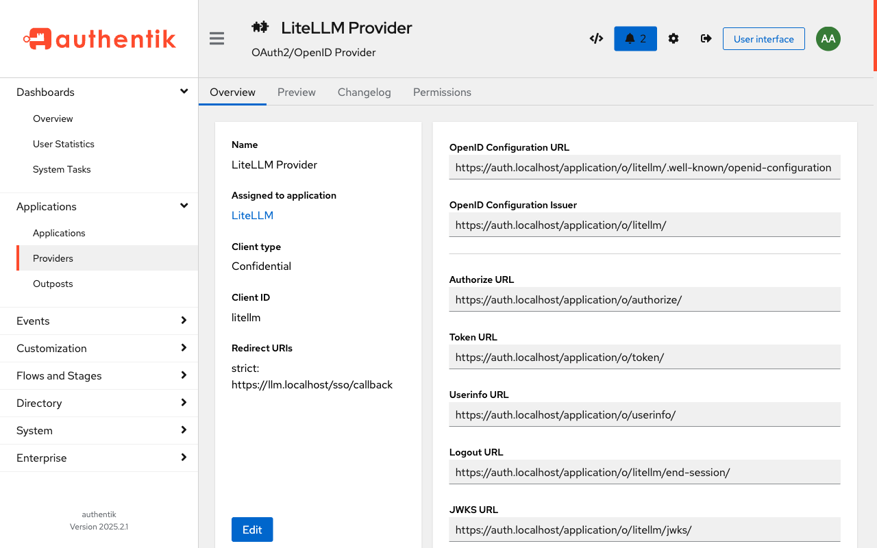 Authentik OAuth2 provider detail for LiteLLM