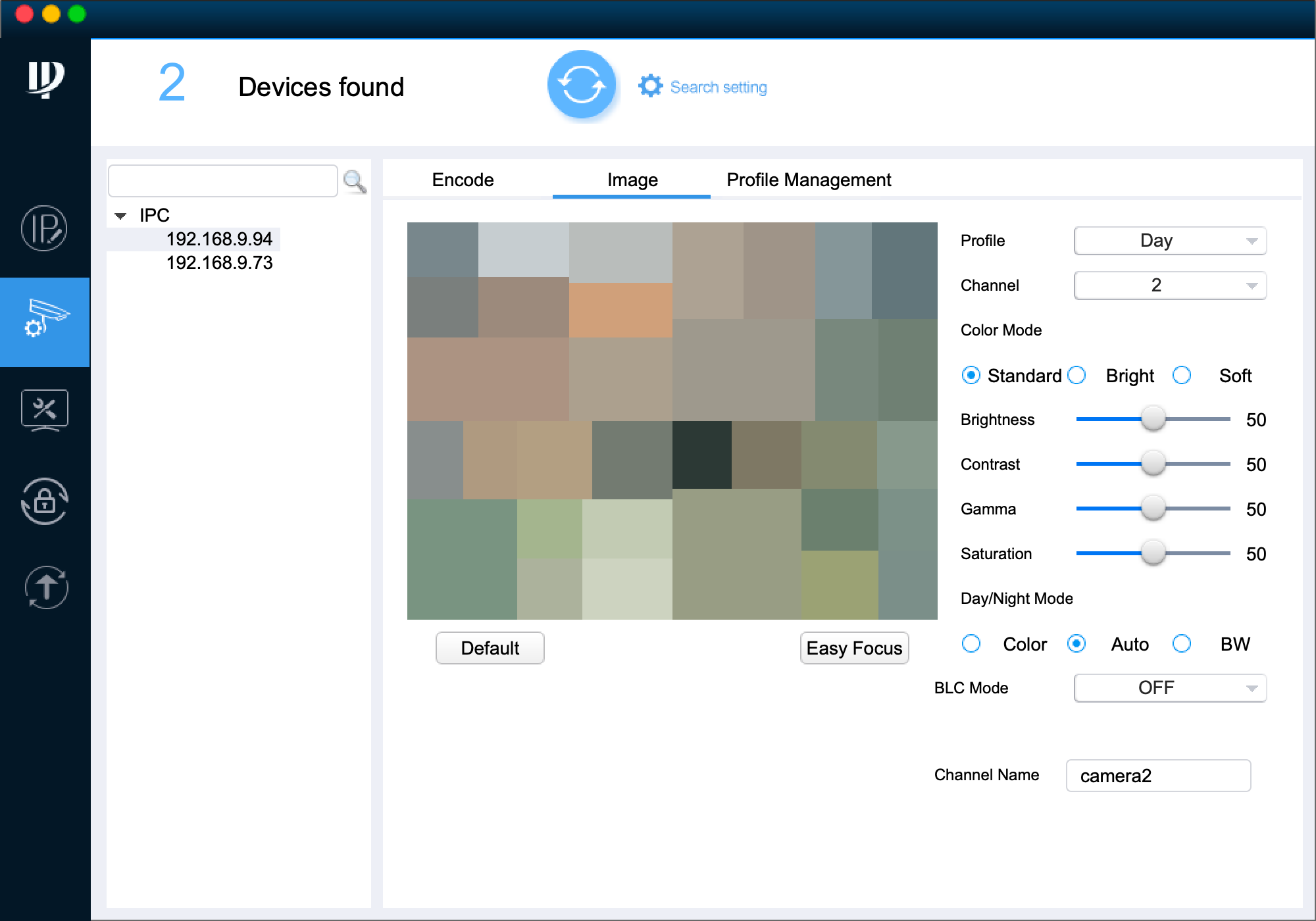 Dahua ConfigTool Image tab showing Day/Night Mode, Color Mode, brightness, contrast, gamma and saturation controls