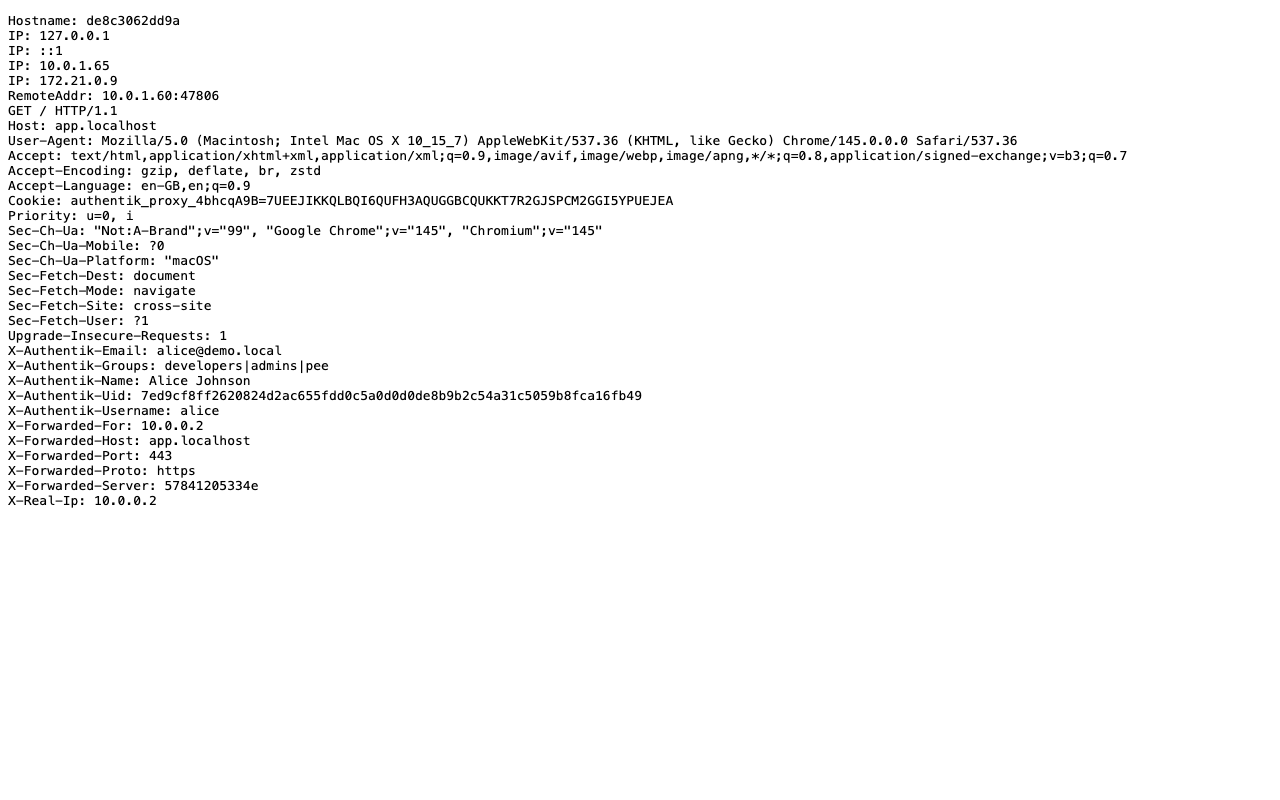 whoami output showing X-Authentik headers