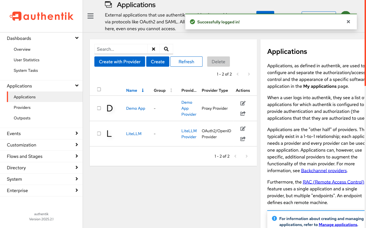 Authentik applications list showing Demo App