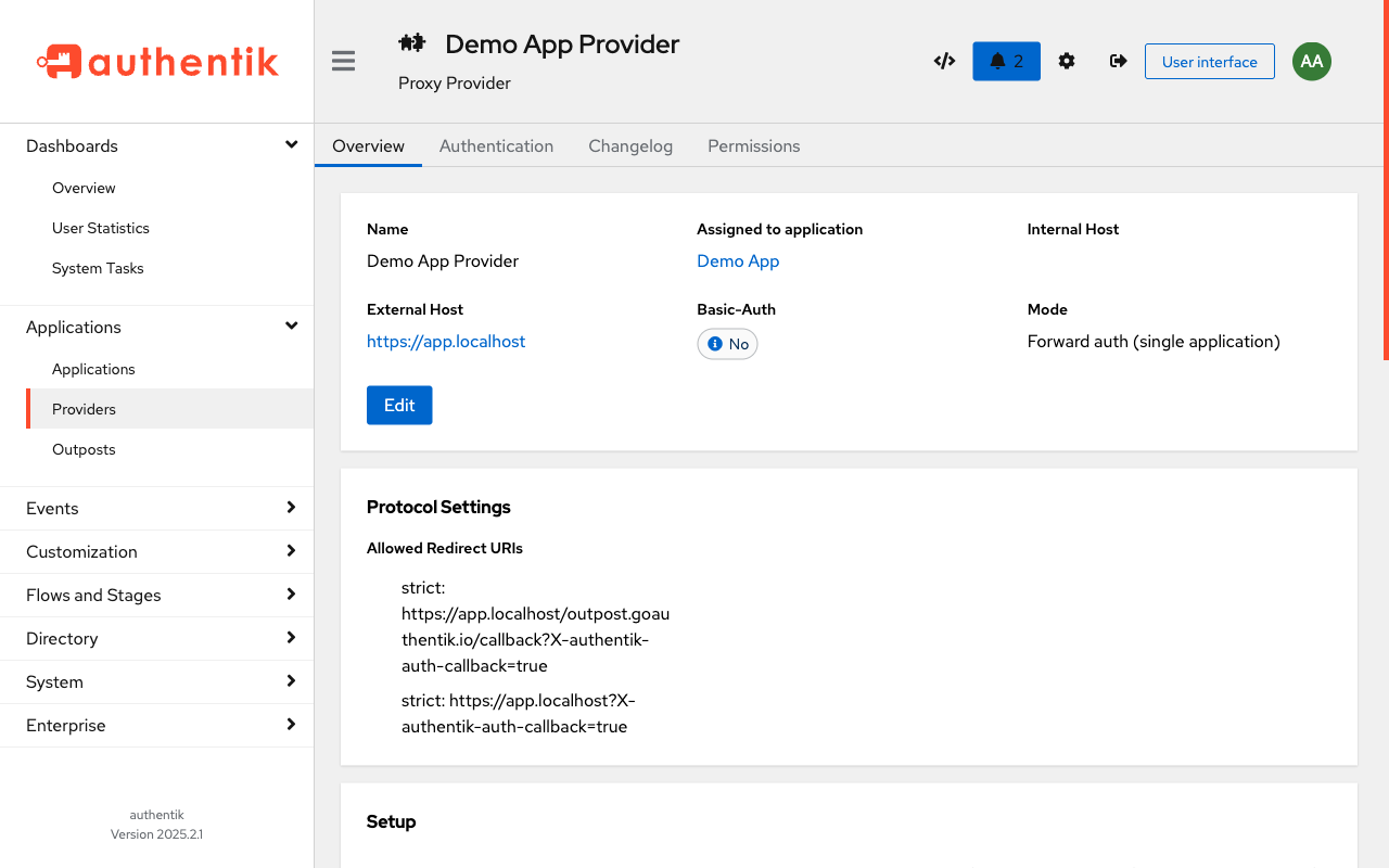 Authentik proxy provider detail for Demo App