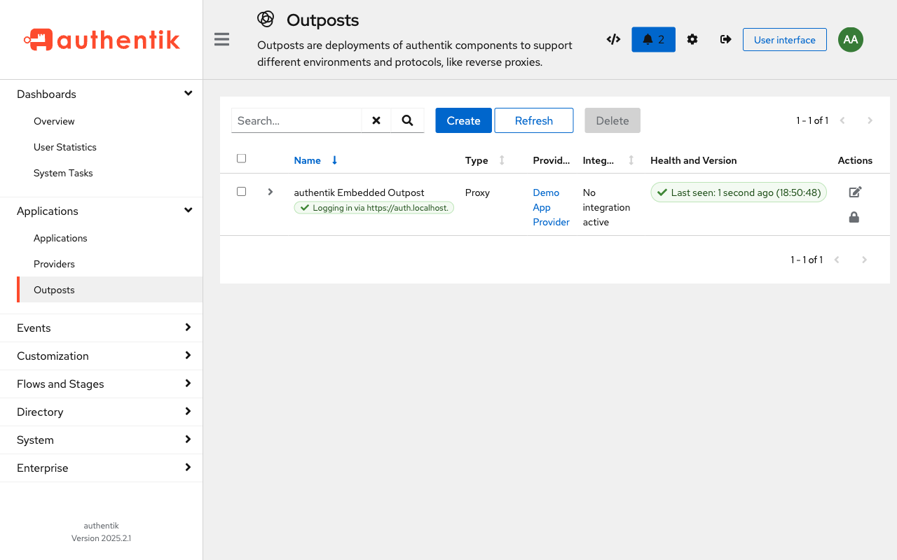 Authentik outposts list showing embedded outpost with Demo App Provider