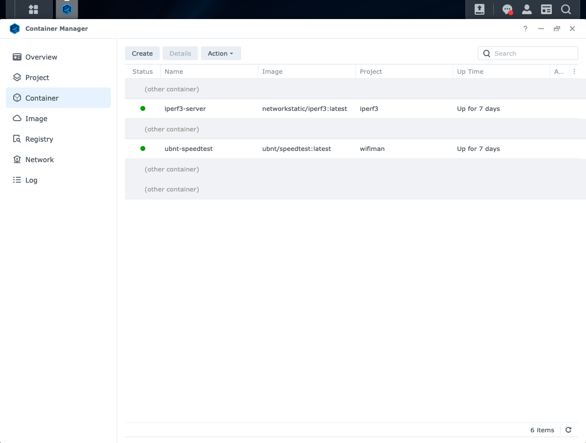 Synology Container Manager showing the ubnt-speedtest container running