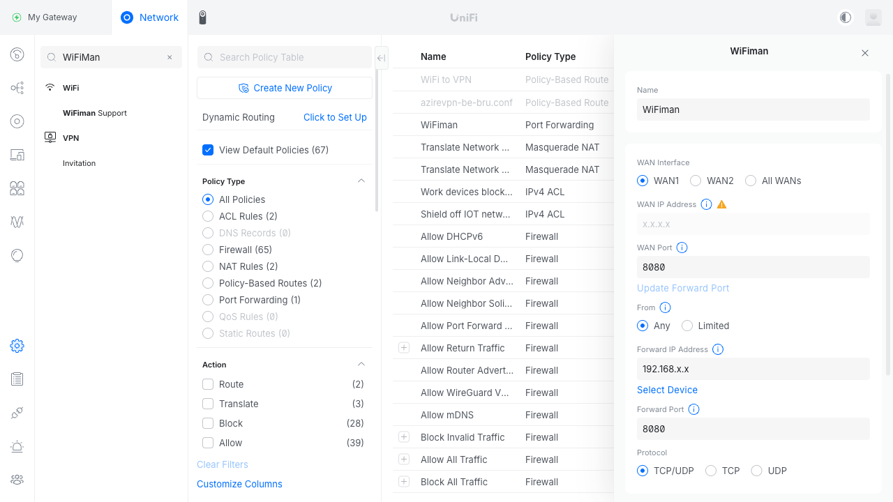 UniFi Network port forwarding rule for WiFiMan speedtest: WAN port 8080 TCP/UDP forwarding to Synology LAN IP port 8080
