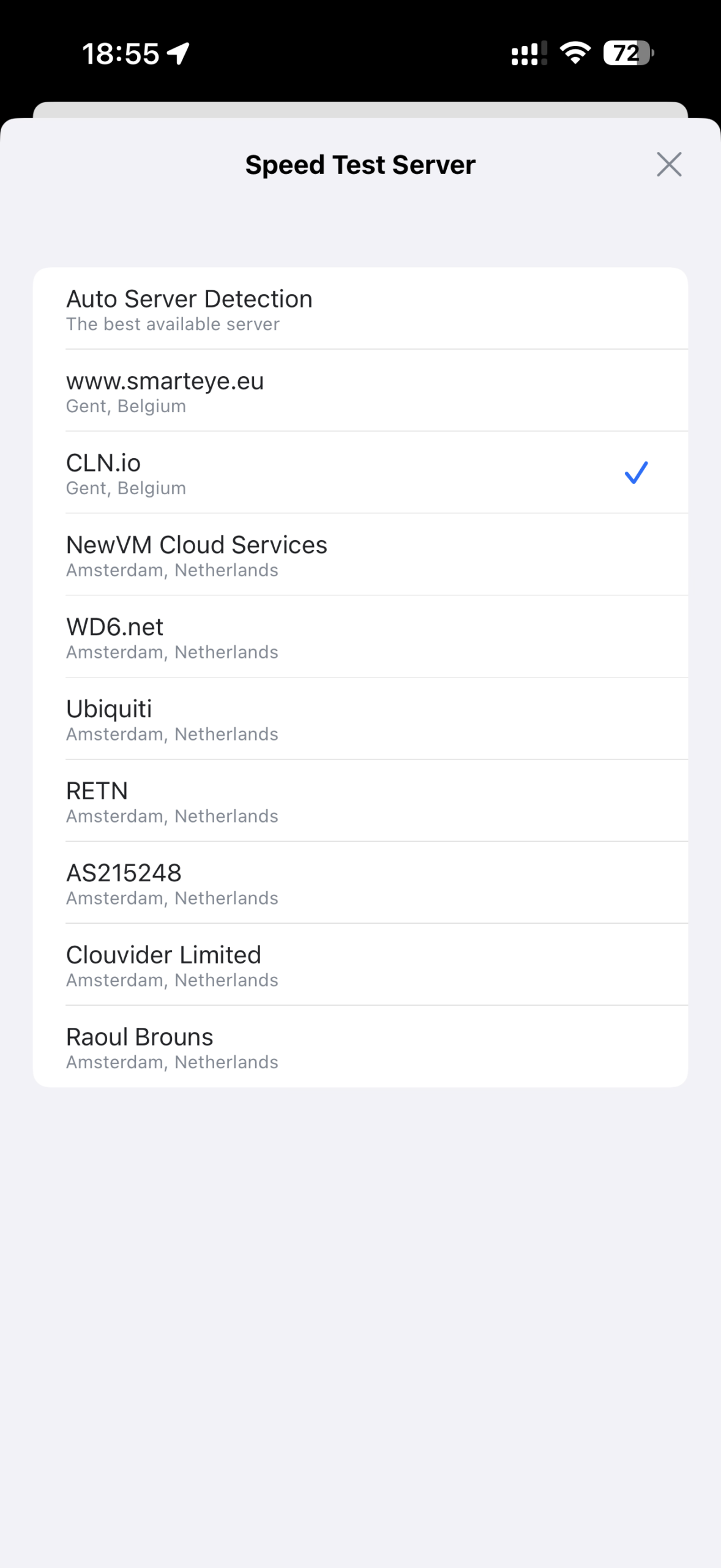 WiFiMan app speed test server list showing CLN.io in Gent, Belgium