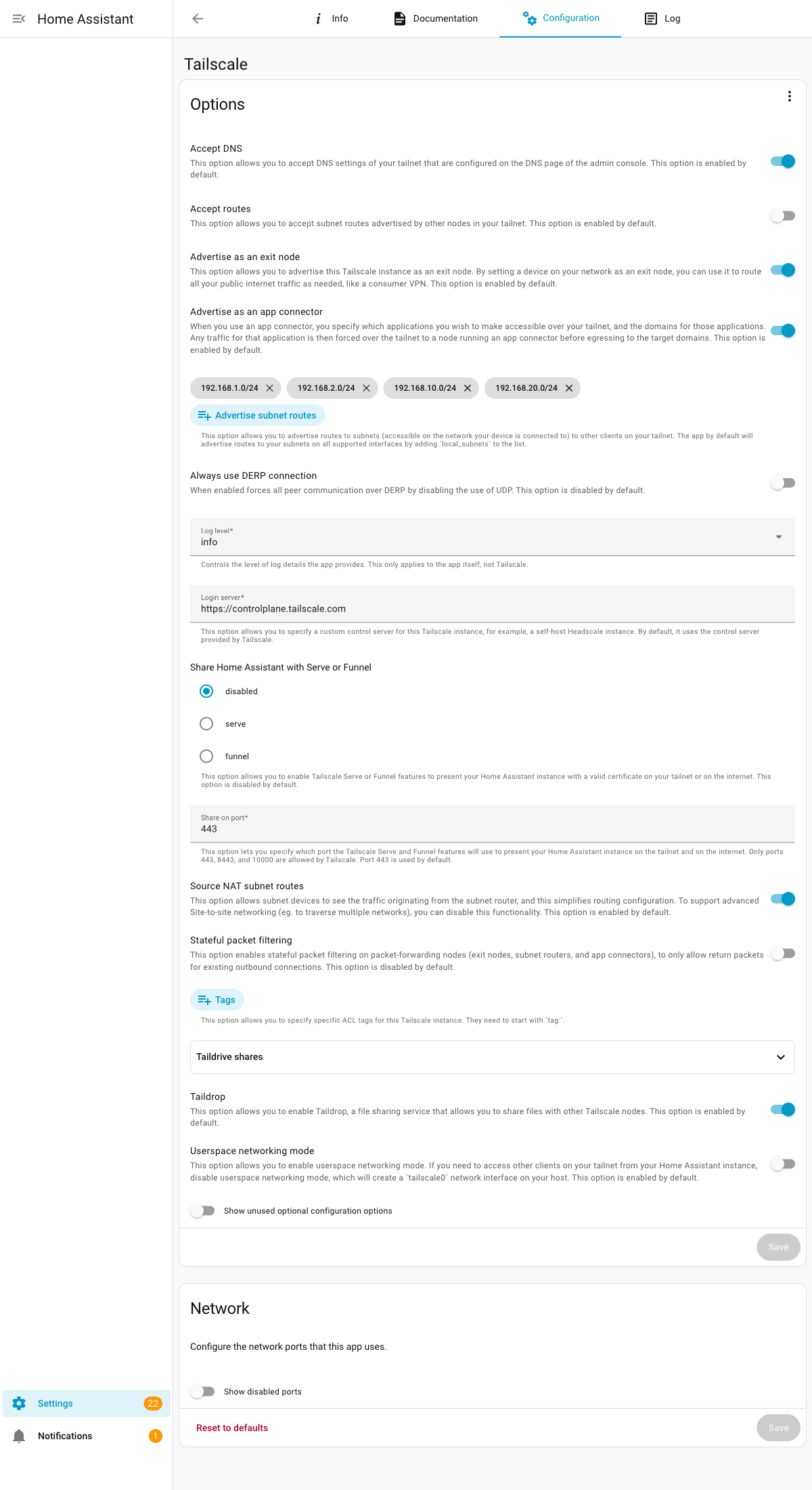 Home Assistant Tailscale add-on Configuration tab showing advertised subnet routes and userspace networking mode disabled