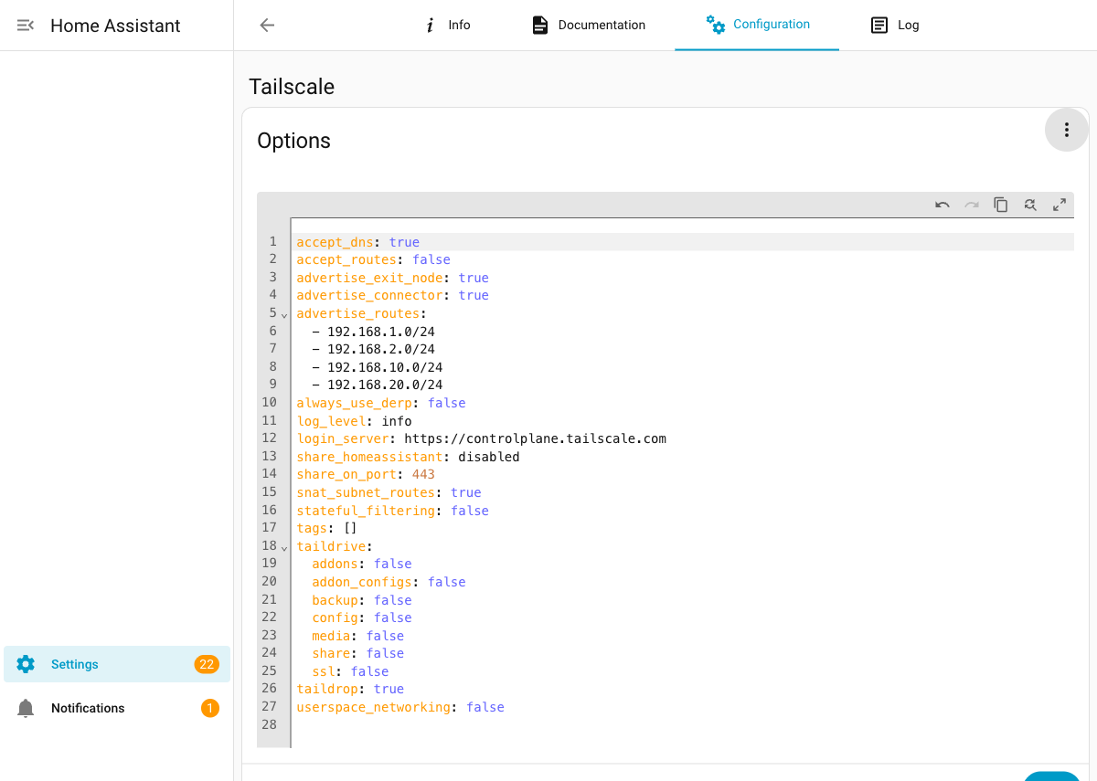 Home Assistant Tailscale add-on YAML configuration showing advertise_routes and userspace_networking: false